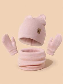 3‑Piece Toddler Girl Knit Winter Set, Cat Ear Beanie + Neck Warmer + Mittens Soft Cozy Kids Accessories For Cold Weather Daily Outing - Hat + Scarf + Gloves - View 12