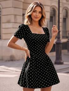 Perirose Women's Black Polka Dot Square Neck Puff Sleeve Fit And Flare Mini Dress, Summer Fall Vacation Date Brunch Feminine A-Line Sundress - Black - View 4
