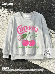 Tween Girl Crew Neck Sweatshirt, Cherry Letter Print Pure Cotton Pullover, Soft Casual Long Sleeve Top - Flower Ash - View 9