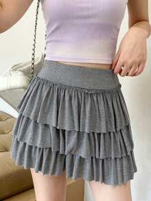 Sweet Solid Color Cake Skirt, Elastic Waist, Multi-Layer Ruffle Hem, Slimming, Anti-Exposure, Fluffy Skirt - Grey - View 2