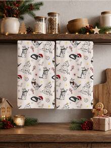 2pcs Christmas Cartoon Cat & Holly Berry Pattern Kitchen Towels, Soft Polyester Dish Cloths, Suitable For Kitchen Decor, Kitchen Cleaning, Holiday Party Decoration, Kitchen & Bathroom Supplies, Home Essentials, Home Decor, Housewarming Gift - Multicolor - View 1