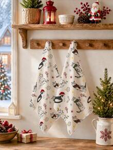 2pcs Christmas Cartoon Cat & Holly Berry Pattern Kitchen Towels, Soft Polyester Dish Cloths, Suitable For Kitchen Decor, Kitchen Cleaning, Holiday Party Decoration, Kitchen & Bathroom Supplies, Home Essentials, Home Decor, Housewarming Gift - Multicolor - View 5