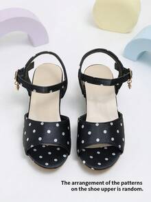 1 Pair Girls' Black Polka Dot Buckle Cute High Heel Sandals, Suitable For Party, Performance, Daily Wear, Shopping - Black - View 2