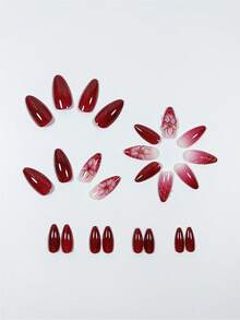 Burgundy 3D Petal French Leopard Print Vintage 24pcs Medium-Long Almond Shape Press-On Nails, Fake Nail Tips, Nail Stickers, Y2K Nails - Multicolor - View 3