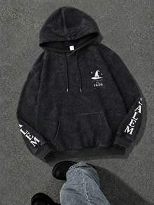 Witch Letter Print Plus Size Women's Casual Autumn/Winter Long Sleeve Pocket Hooded Sweatshirt Black Distressed Washed Sweatshirt, Suitable For Halloween Outfit - Black - View 3
