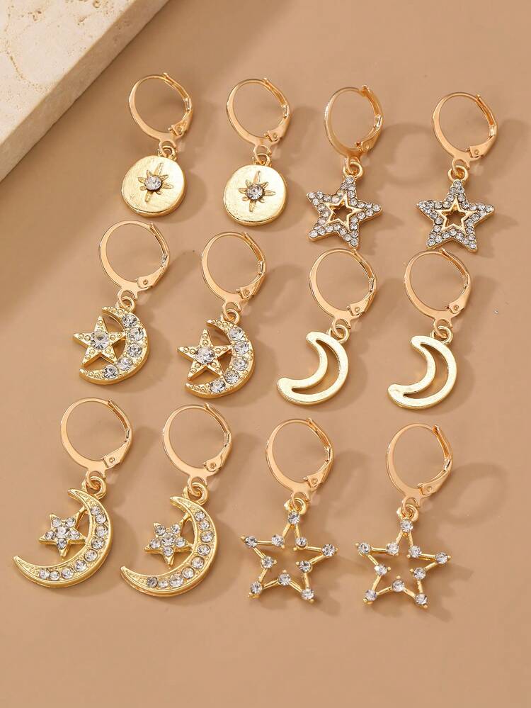 12pcs Girls Star Moon Sun Rhinestone Hoop Earrings, Vintage Gold Star Moon Pendant Ear Cuffs, Niche Aesthetic Earrings - Gold - View 3