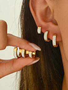 3 Pairs Women's Gold Tone Double Row Rhinestone Hoop Earrings Set - Multicolor - View 6