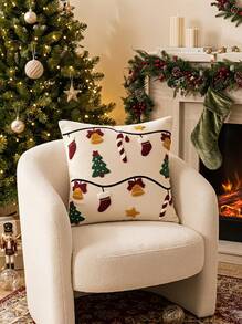 Cirelle 1pc Christmas Tufted Embroidered Pillow Case, 18x18 Inch Soft Plush Christmas Tree, Bell, Christmas Stocking, Candy Cane And Star Decorative Cushion Cover, Suitable For Sofa Bed, Holiday Home Decor, Without Insert - Beige - View 4