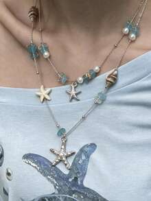 1pc Exquisite Starfish & Seashell Ocean Style Metal Material Multi-Color Women's Necklace, Suitable For Party, Ball, Gathering - Multicolor - View 2
