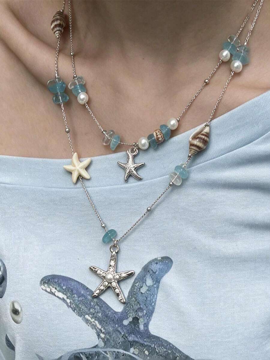 1pc Exquisite Starfish & Seashell Ocean Style Metal Material Multi-Color Women's Necklace, Suitable For Party, Ball, Gathering