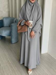 Set Abaya 2 Potong untuk Wanita Muslim, Gaun Panjang Bertekstur Kerut dengan Hijab Senada, Jubah Lengan Panjang Longgar yang Sopan - MultiWarna - View 35