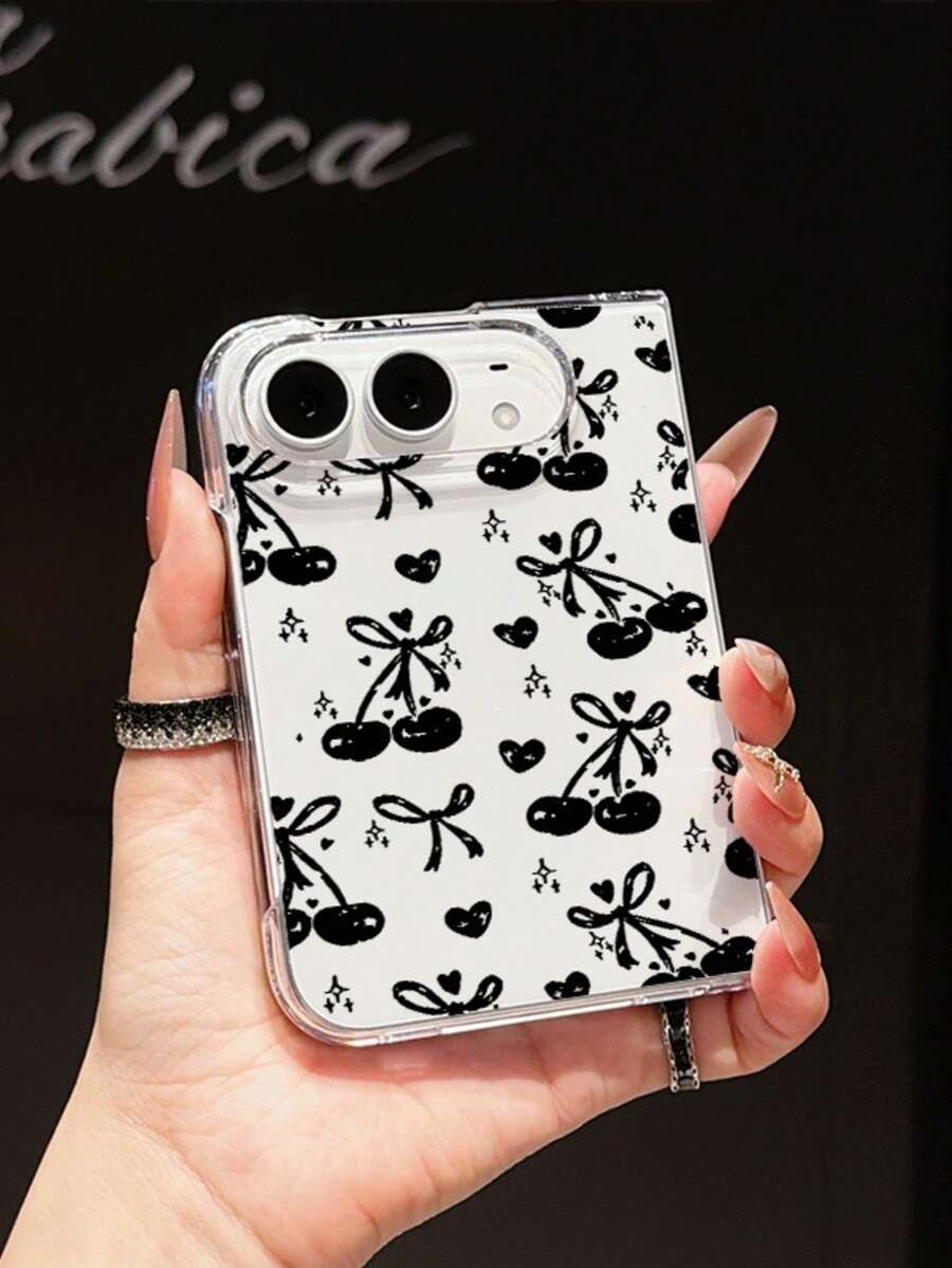 1pc Fashionable, Cute, Simple, High Transparency PC Material Cherry Heart Element Folding Phone Case, Can Protect And Prevent Falling: SamsungGalaxy Z Fold 8/IPhoneDuo - Clear - View 1