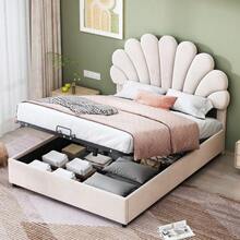 Polsterbett 140 x 200 cm, mit geblümtem Kopfteil und Lattenrost, mit höhenverstellbarem Kopfteil und hydraulischem Stauraum, Juniorbett doppelt, hautfreundlicher Samtstoff, Beige - Beige + Gepolstert - Übersicht 3