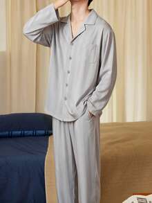 Gongdie 2pcs Men's Pajama Set, Spring/Autumn Light Gray Solid Color Striped Soft Loungewear With Pockets - Grey - View 5