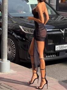 Women's Elegant Sexy Summer Spaghetti Strap Mesh Lace Bodycon Dress, Fashion Ruched Short Mini Black Evening Party Dress - Black - View 12