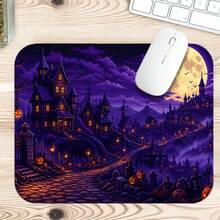 1pc Halloween Purple Haunted House Pumpkin And Full Moon Print XL Gaming Mouse Pad, Gothic Night Keyboard Desk Mat, Spooky Holiday Desk Decor - View 9