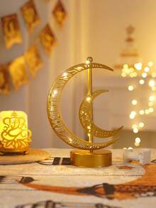 1pc New LED Iron Art Moon & Star Hollow Lamp, Holiday Table Lamp, Atmosphere Decorative Light, Gift For Friends & Family, Suitable For Ramadan, Thanksgiving, Valentine's Day, Exquisite Room Decor - Multicolor - View 4