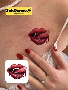 1 Set "Vampire Lips" Temporary Tattoo Stickers, Fake Tattoo, Gothic Y2K Red Dripping Lips, Waterproof, Body Art, Colorful, InkDance, Ink Dance, Easy To Apply And Remove CMNF013,Halloween Costume - Multicolor - View 2