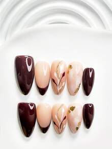 10片成熟風手工穿戴甲 Polygel 凝膠美甲套組，金箔、紅白色指甲油，時尚風格，附美甲工具，3種尺寸可選，方形、短方形、杏仁形，適合派對、跳舞、日常配戴（手工細節可能有所不同） - 彩色 - 查看 16