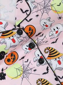 2pcs/Set Girls Casual Ghost Pumpkin Print Lapel Long Sleeve Cardigan And Pants Pajama Set Flame Retardant Halloween All Seasons - Dusty Pink - View 5