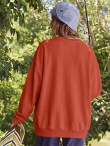 Speed mate Women's Oversized Drop Shoulder Sweatshirt - Solid Color Long Sleeve Crew Neck Pullover, Suitable For Autumn/Winter | Casual Loose Athletic Style Sweatshirt - Coral Orange - View 6