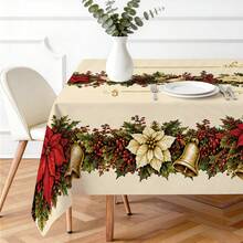 1pc Red Christmas Tablecloth, Christmas Flower Gold Bell Holly Red Berry Print Pattern, Polyester Material Single-Sided Print, Suitable For Tabletop, Washable And Reusable, Suitable For Indoor, Outdoor, Patio, Wedding, Banquet, Party, Outdoor Dining, Suitable For Craft Exhibition, Banquet Event Decoration - Multicolor - View 2