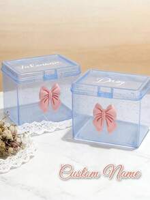 Personalized Cute Bowknot Transparent Plastic Storage Boxes, Glitter Desktop Organizer, Dust-Proof Cosmetic Jewelry Stationery Small Items Storage Box, Pink/Blue - Multicolor - View 6