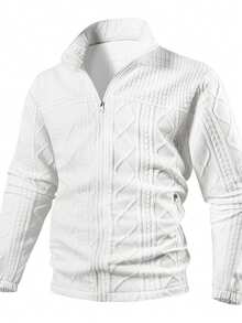 Men's Stand Collar Textured Jacquard Sweatshirt, Spring/Autumn Style, White 3D Textured Zipper Jacket, Casual And Versatile Top - White - View 4