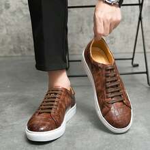 Men's Lace-Up Brown Crocodile Embossed Leather Sneakers With Clean Toe Shape, Well-Fitted Laces, Reinforced Perforations, Non-Slip Sole, Even Stitching, Suitable For Suits, Weddings, Banquets, Casual Wear - Brown - View 5