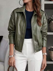 Women's Vintage Solid Faux Leather Lapel Long Sleeve Zip Regular Length Bomber Jacket Outerwear For Business Office Home Vacation Spring Fall Winter - Army Green - View 2