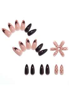 Fall,Autumn, Fall Nails24-Piece Minimalist Almond-Shaped Press-On Artificial Nails, Featuring A Nude Color With Black Glitter Star-Shaped Patterns. Each Set Includes 1 Piece Of Jelly Glue And 1 Stick Of Adhesive. - Multicolor - View 2