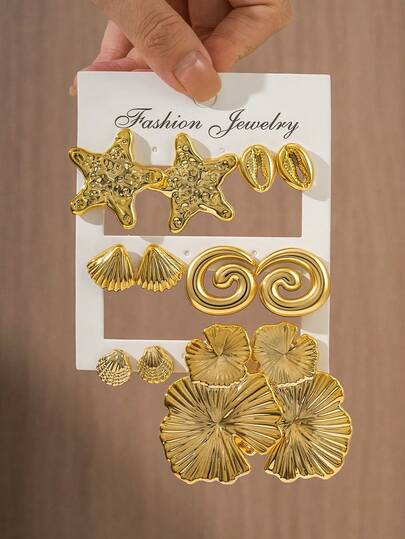 2-12pcs Gold Ocean Series & Floral Women's Earrings Set, Suitable For Daily And Holiday Wear
