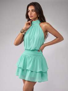 Elegant Fashion Green Halter Backless Layered Ruffle Mini Dress Wedding Gown - Mint Green - View 6