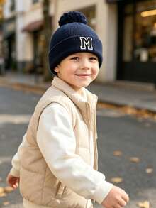 1pc Pom Pom Knit Hat, Suitable For Baby Boys, Baby Girls, Children, Simple Style Winter Warm Hat, Suitable For Outdoor Activities And Daily Commute. - Navy Blue - View 4