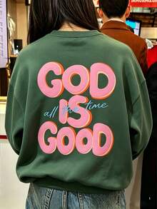 Faith Slogan Crew Neck Sweatshirt, Peaceful Healing Atmosphere Daily Versatile All-Match Top Fall Casual - Green - View 2