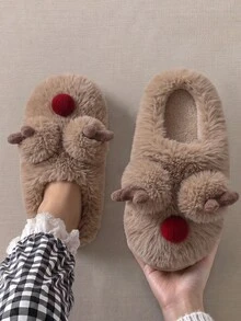 Winter Indoor Women's Thermal Lined Slip-On Slippers With Cartoon 3D Christmas Reindeer Plush Decor, Fuzzy Couple Slippers For Bedroom, Holiday Fun - Light Brown - View 3