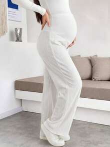Bump Style 優雅黑色羅紋寬腿孕婦長褲，舒適中度彈性針織長褲，附鈕扣細節設計，適合秋季穿著 - 白色 - 查看 5