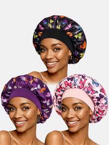 3pcs Ladies' Satin Printed Wide-Brimmed Sleeping Caps Hair Caps, Suitable For Daily Use Sleep Bonnet,Summer,Beach,Hat,Holiday,Travel - Multicolor - View 21
