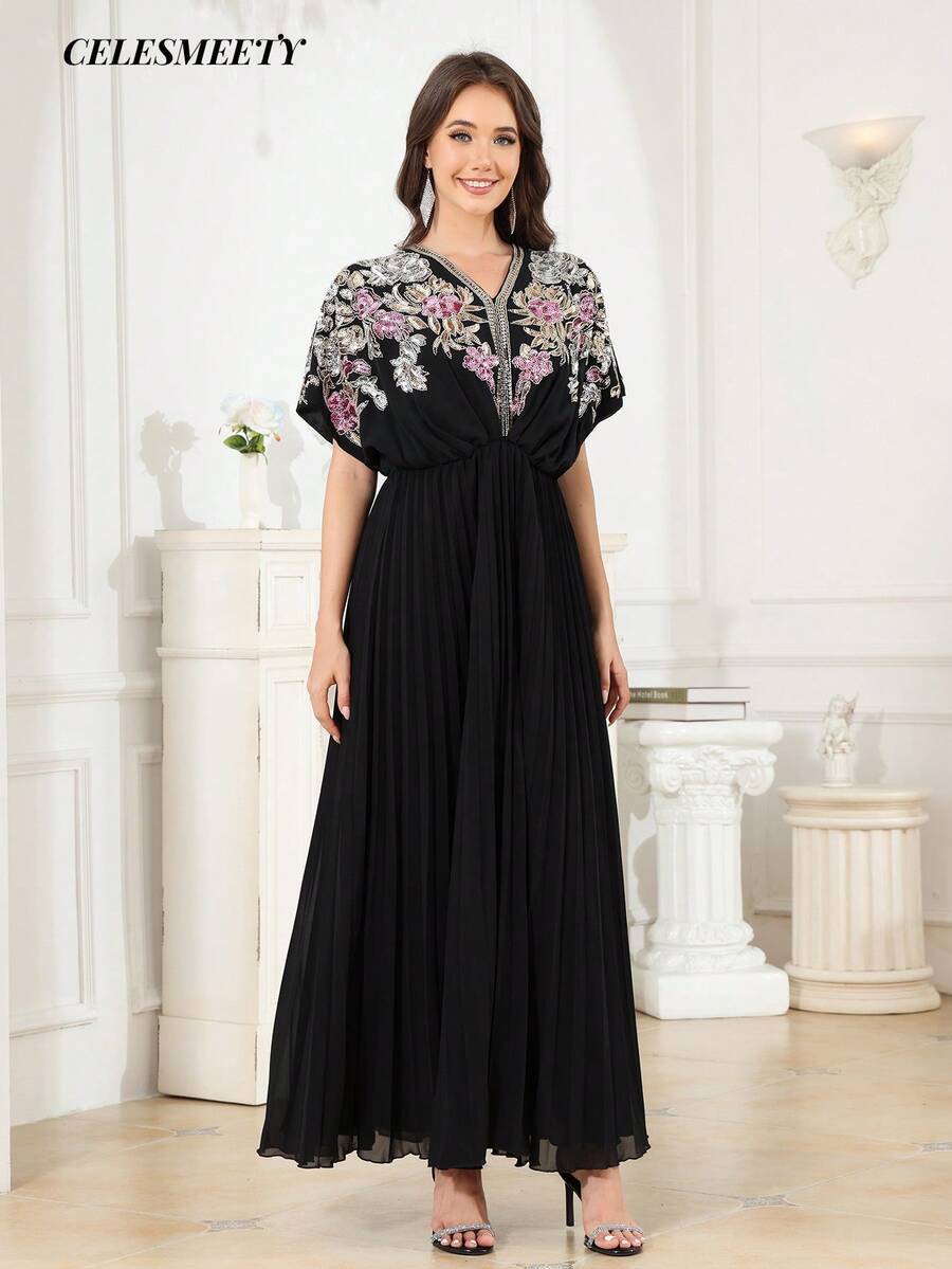 Luxury Royal Style Computer Sequin Beaded Embroidered Ball Gown, Elegant Black Striped Chiffon Batwing Sleeve Dress - Black - View 1