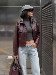 Women's Oversized Faux Leather Utility Jacket With Pockets & High Neck - Burgundy - View 4