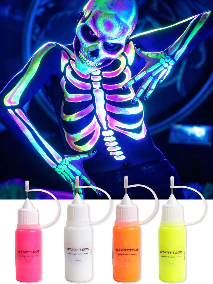 STARTTOOS 4pcs/Set Fluorescent Body Painting Tattoo Ink, Easy To Wash, Suitable For Beginners, Cosplay, Holiday Party, New Year Body Graffiti Painting Pen With Glitter Ink - Neon - View 1