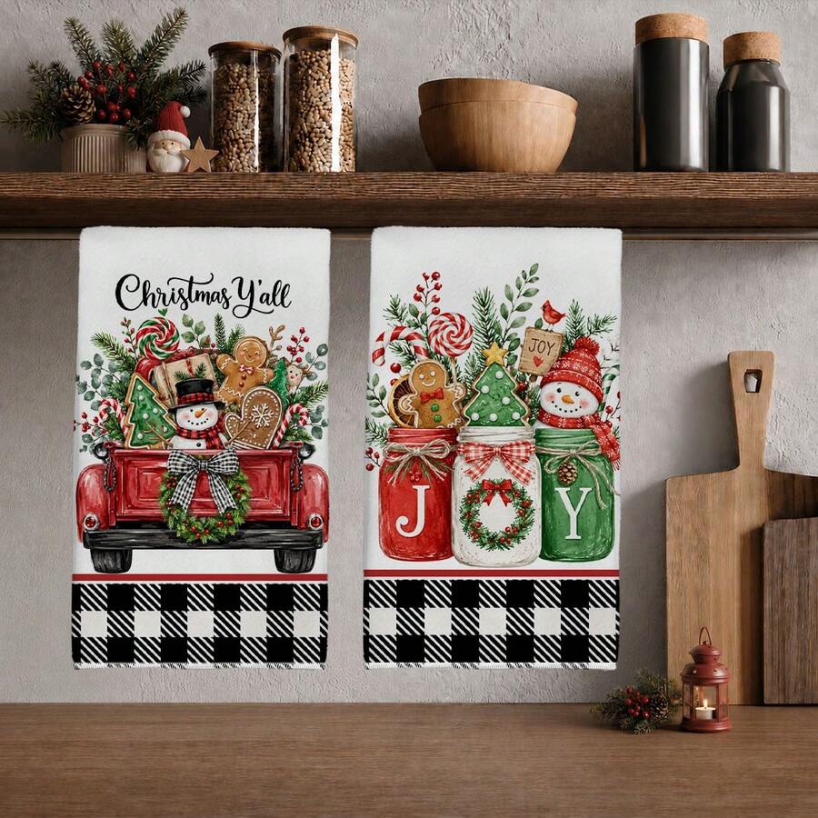 2pcs Christmas Theme Plaid Truck Gingerbread Snowman Kitchen Towels, Rectangular Microfiber Printed, Dish Cloth, Scouring Pad, Hand Towel, Cooking Baking Tea Towel, Christmas Kitchen Decor, Housewarming Gift, Birthday Gift, Bathroom Cleaning Cloth, Decorative Towel - White - View 1