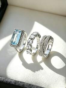Luxury 3Pcs Stackable Ring Set Women Emerald Cut Aquamarine Color Cubic Zirconia Rings Bridal Engagement Wedding Rings Party Jewelry Gift For Ladies - Set - View 12