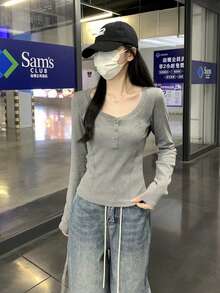 Women's Casual Embroidered Long Sleeve T-Shirt, Regular Shoulder Base Layer Top, Autumn - Grey - View 6