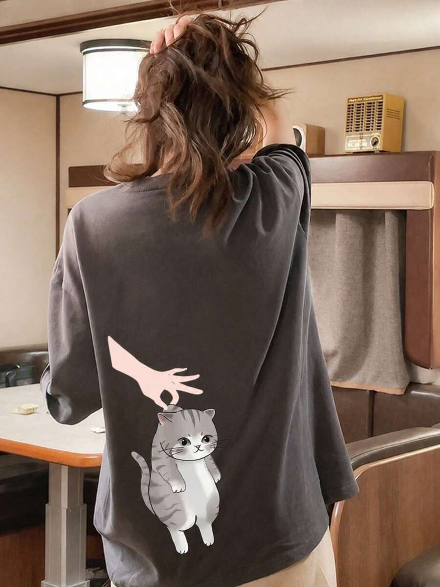 女士休闲可爱猫咪印花圆领宽松短袖T恤,春夏款 - 深灰色 - 查看 1