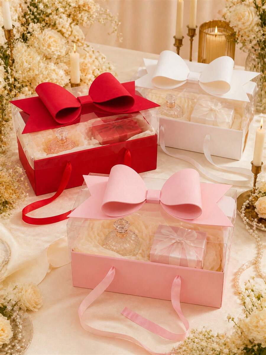 1pc Transparent Gift Box With Colorful Base, Bow And Handle, 7 Colors Available, Suitable For Christmas, Saudi National Day Party Favors, Wedding, Engagement, Birthday, Bridal Shower And Celebration Display, Gift Not Included
