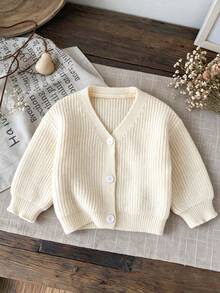 Autumn New Girls' Cream White V-Neck Knit Cardigan, Single-Breasted Loose Drop Shoulder Long Sleeve, All-Match Versatile Casual Sweater Jacket - Apricot - View 1