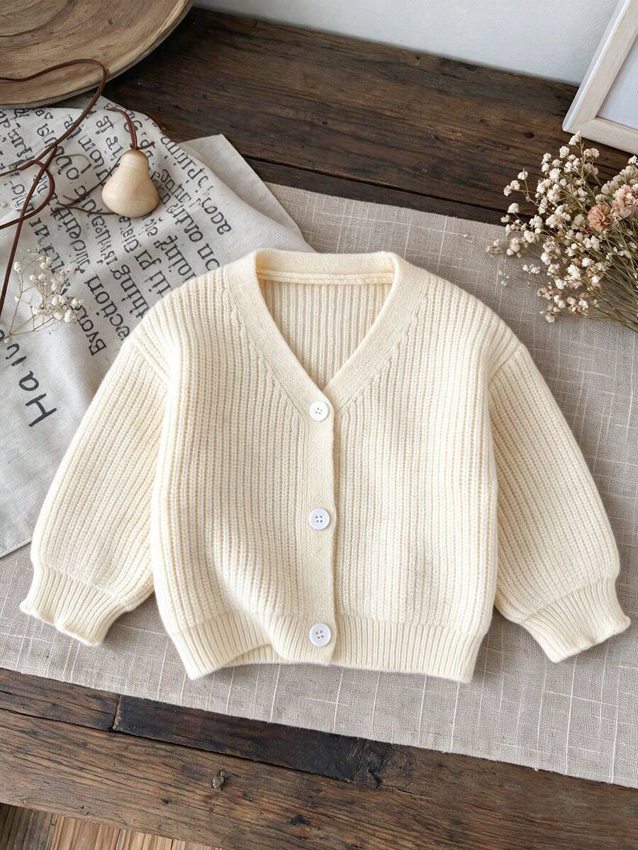 Autumn New Girls' Cream White V-Neck Knit Cardigan, Single-Breasted Loose Drop Shoulder Long Sleeve, All-Match Versatile Casual Sweater Jacket - Apricot - View 1