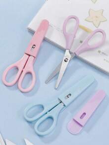 2pcs Macaron Stainless Steel Round Tip Scissors (Pink + Blue), Equipped With Protective Cover Stainless Steel Blades, Portable Multi-Functional Scissors, Ergonomic Design, Suitable For Office, School, Home And Art Creation Scenes. Can Cut Fabric, Paper, Metal Wire. Exquisite Design, Convenient To Carry. Durable Daily Practical Scissors. - A - View 1