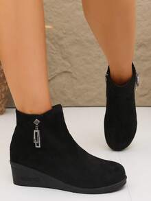 Women's Autumn/Winter Wedge Ankle Boots With Rhinestone Pendant, Side Zipper, Round Toe, Soft Sole, Comfortable Height-Increasing Ankle Boots - Black - View 4
